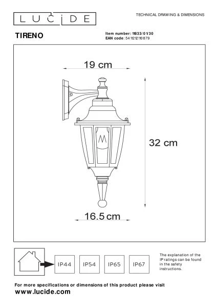 Lucide TIRENO - Wandlamp Buiten - 1xE27 - IP44 - Zwart - technisch